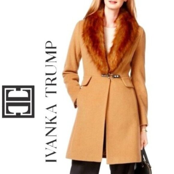 💋CHIC & GLAM💋Buckle-Front Wool Coat Faux Fox Collar In Camel